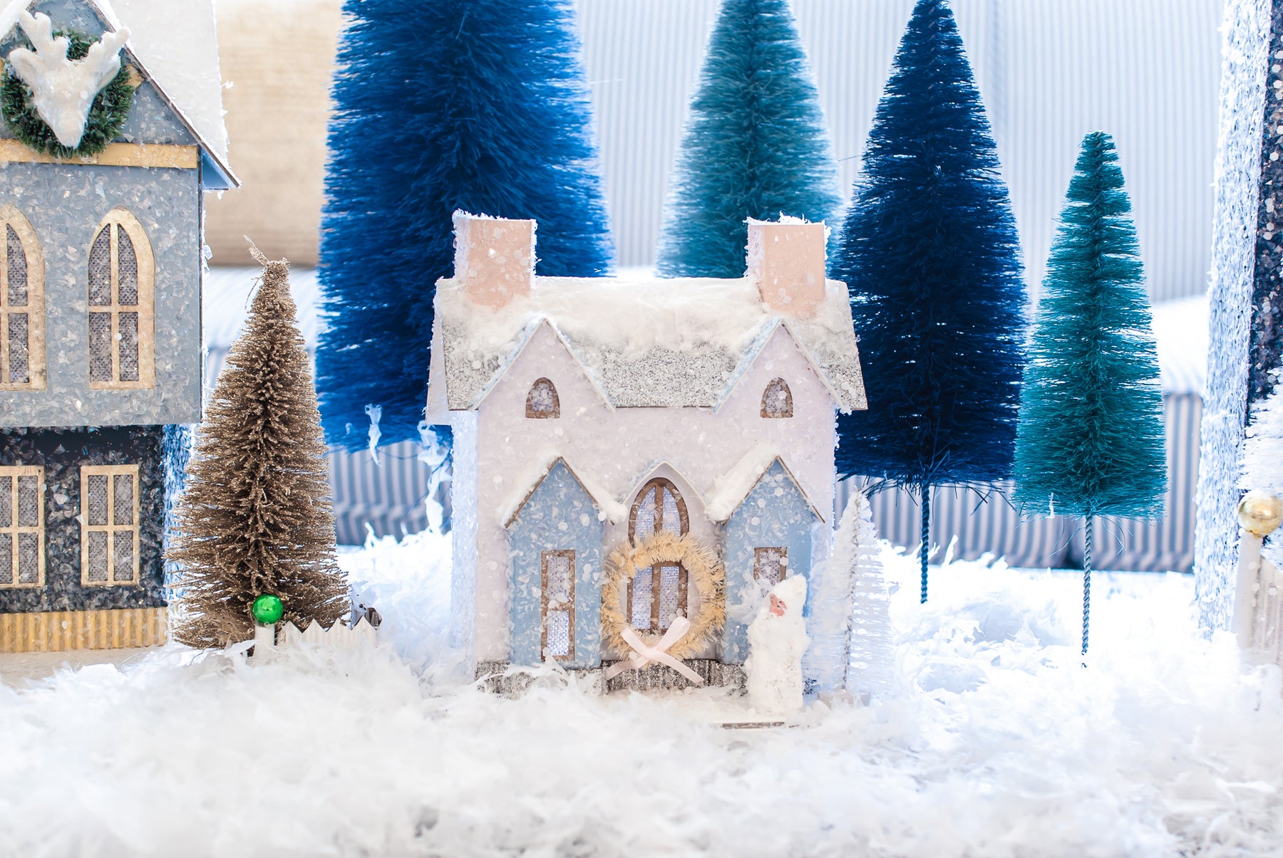 Vintage Blue Ceramic Bisque Village with Snow and Glitter Roofs and Trees